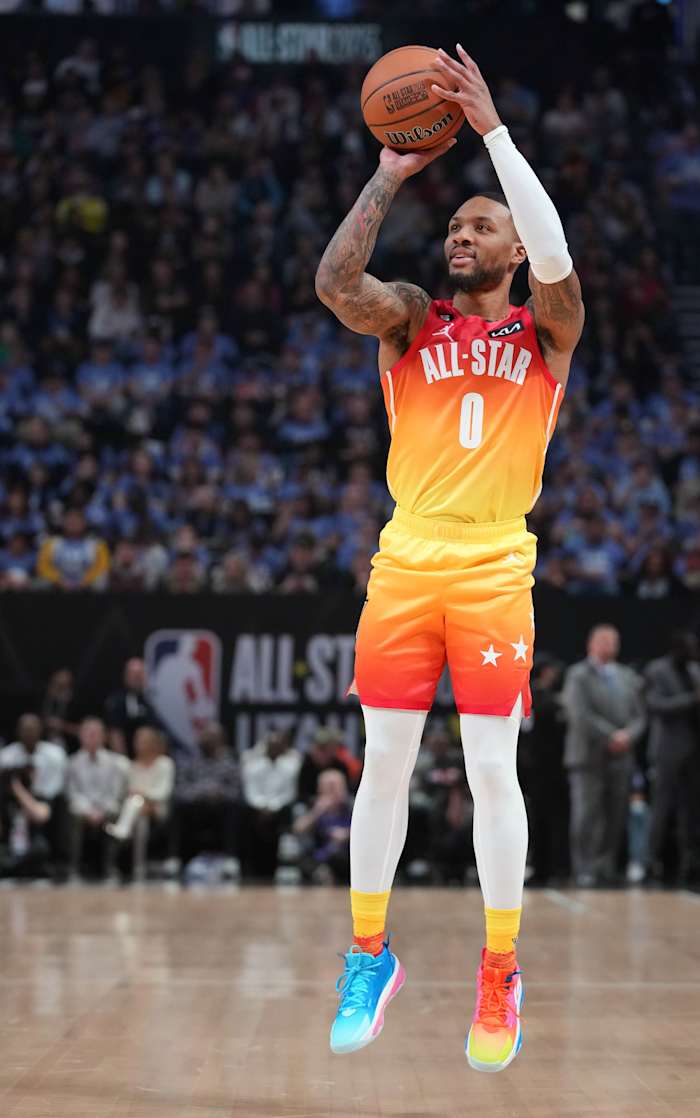 Damian Lillard shoots the ball in the 2023 NBA All-Star Game.